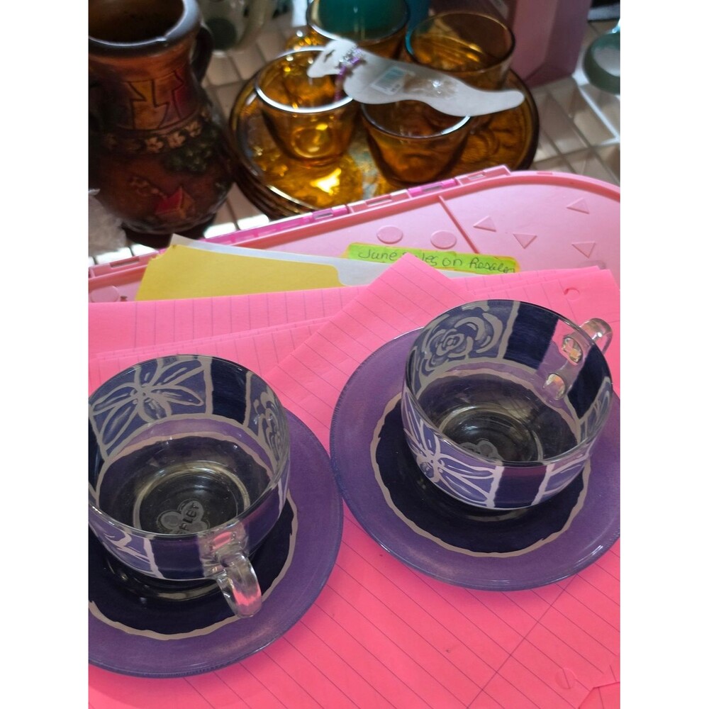 AT-1 Vintage Hand-Painte Glass Teacup and Saucer Set Blue